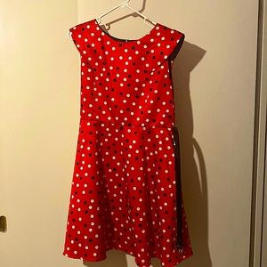 Red Christmas dress with black and white dots